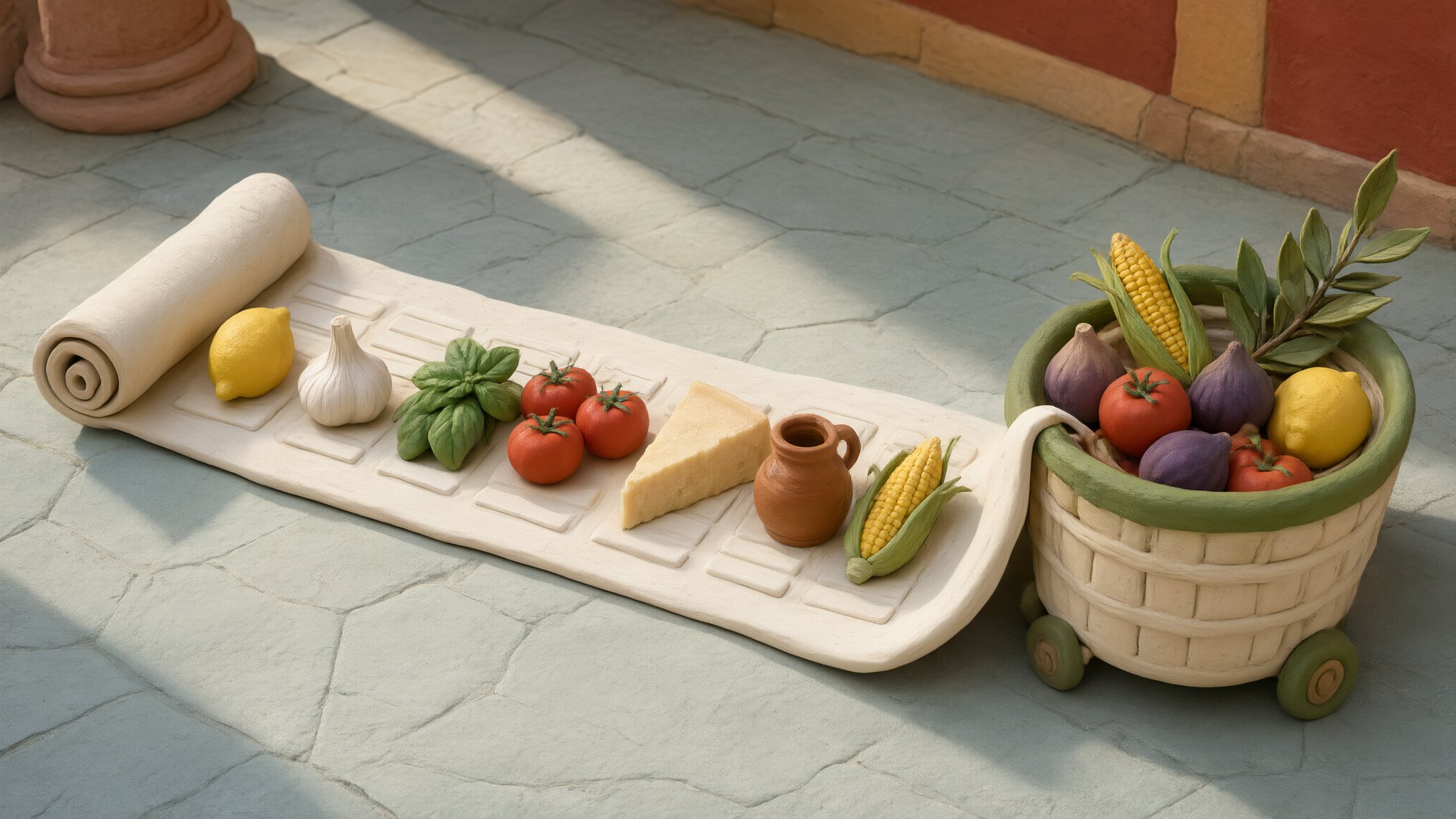A clay recipe scroll unrolling across stone, a lemon, garlic, basil, tomatoes, parmesan, olive oil and corn on its lines, curling into a grocery basket on wheels