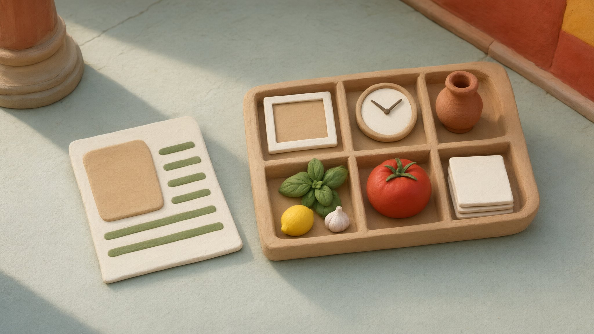 A clay recipe card beside a clay tray that sorts the same recipe into compartments: a blank photo frame, a clock, basil, lemon, garlic, a tomato and a stack of step tiles