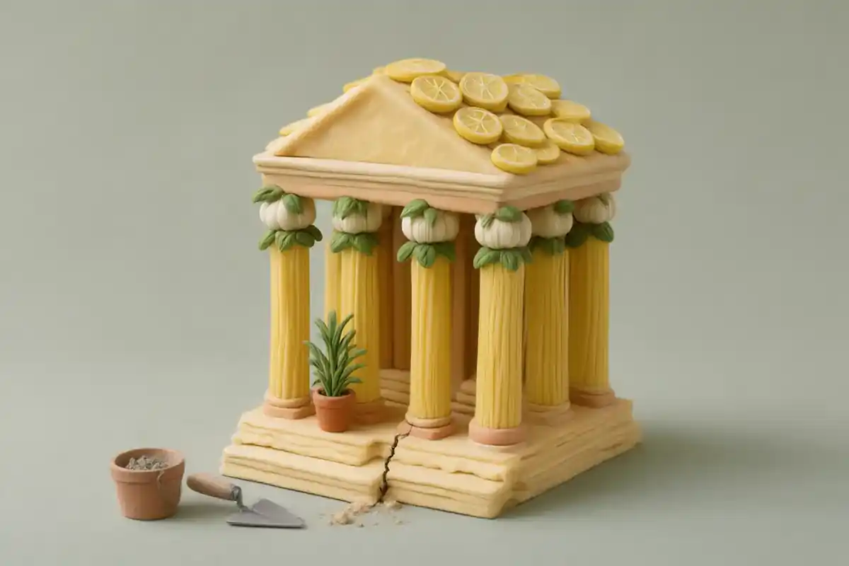 A clay Greek temple built from food, with spaghetti columns, garlic capitals and a roof of lemon slices, with a crack running through its pastry foundation beside a small trowel and a pot of mortar