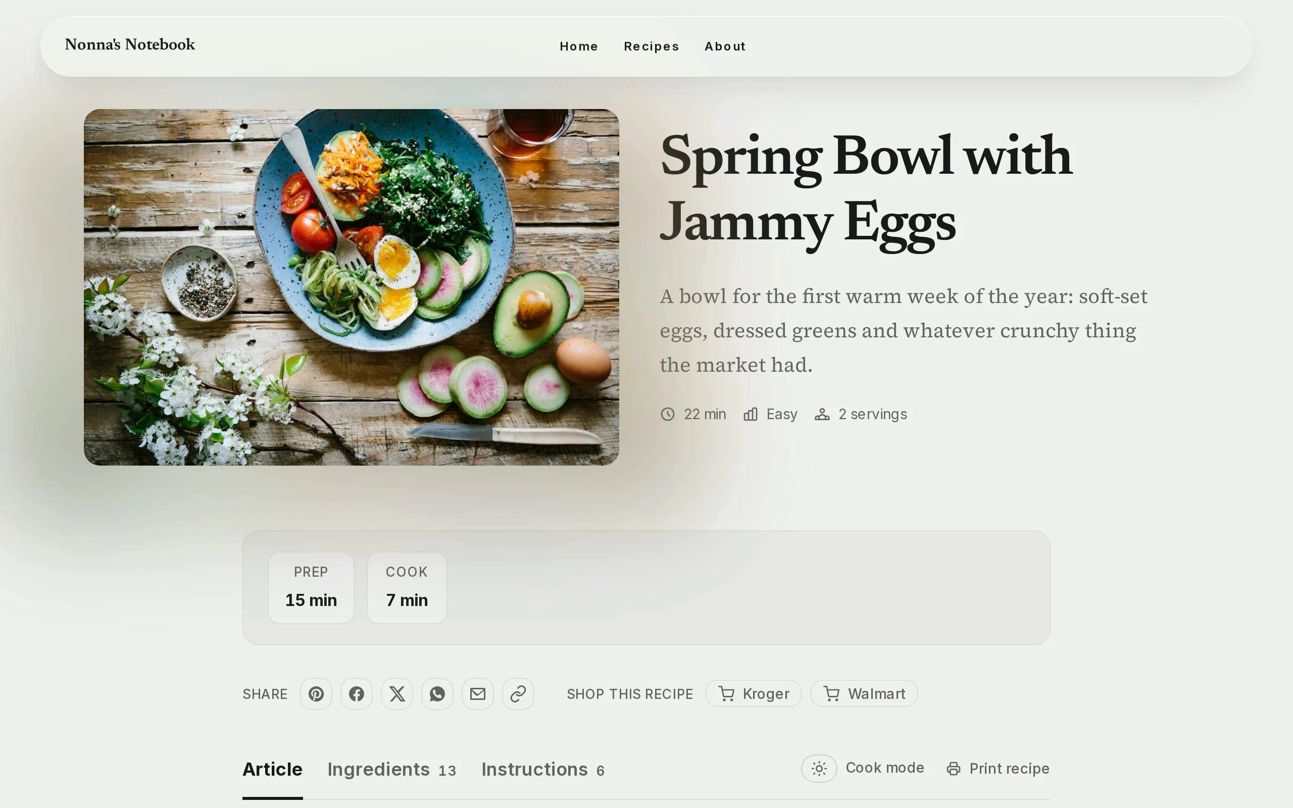 A recipe page for Spring Bowl with Jammy Eggs on a site called Nonna's Notebook: the photograph beside the title, prep and cook times, and Shop this recipe buttons for Kroger and Walmart.