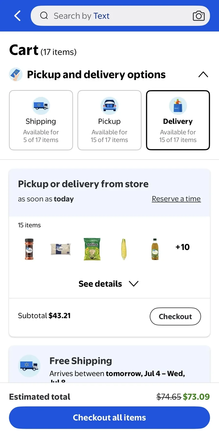 A grocery cart with 17 items filled from one recipe, ready for pickup or delivery today, subtotal $43.21.
