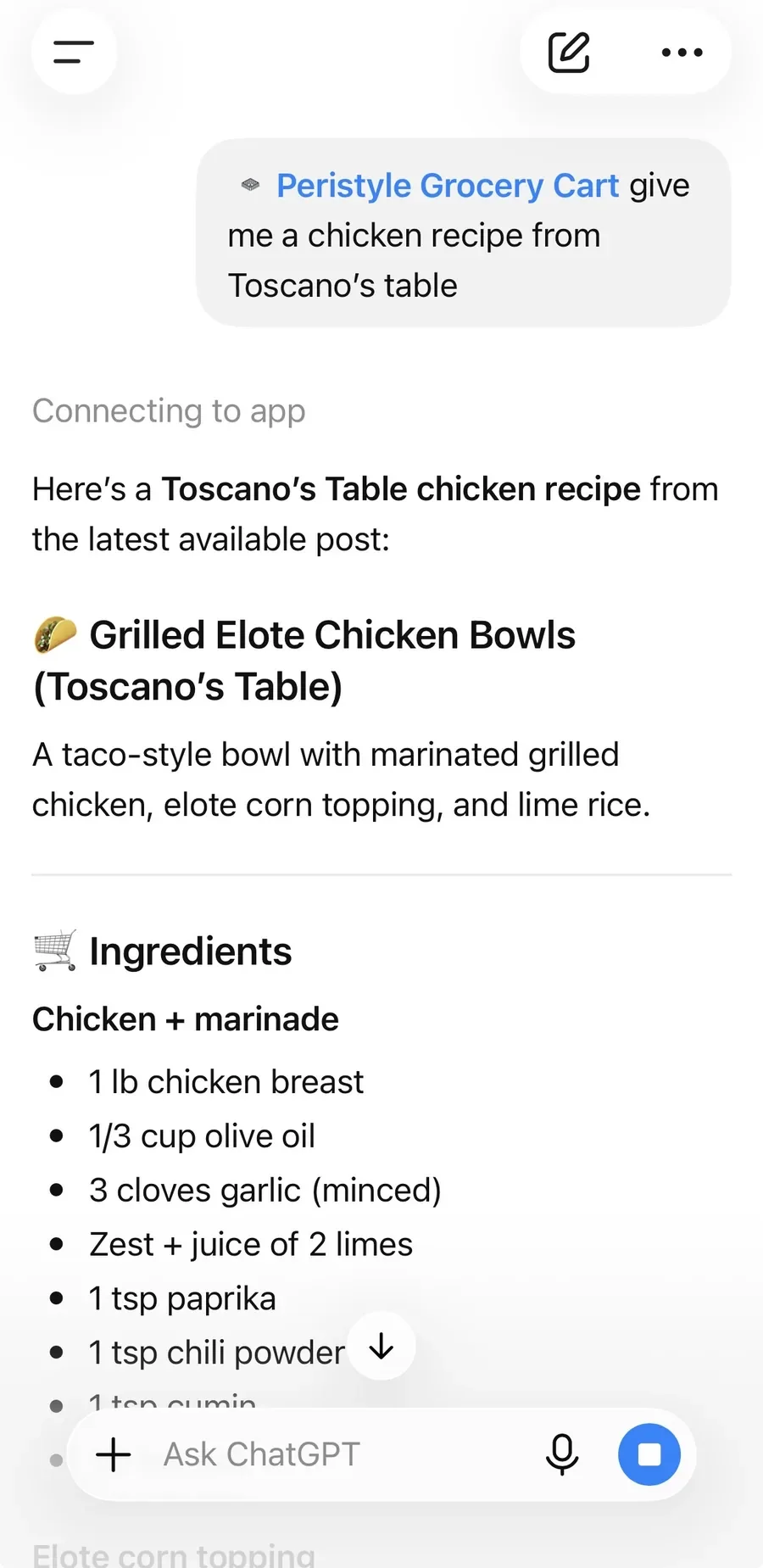 A ChatGPT answer to a request for a chicken recipe from Toscano's Table, naming the recipe and Toscano's Table.