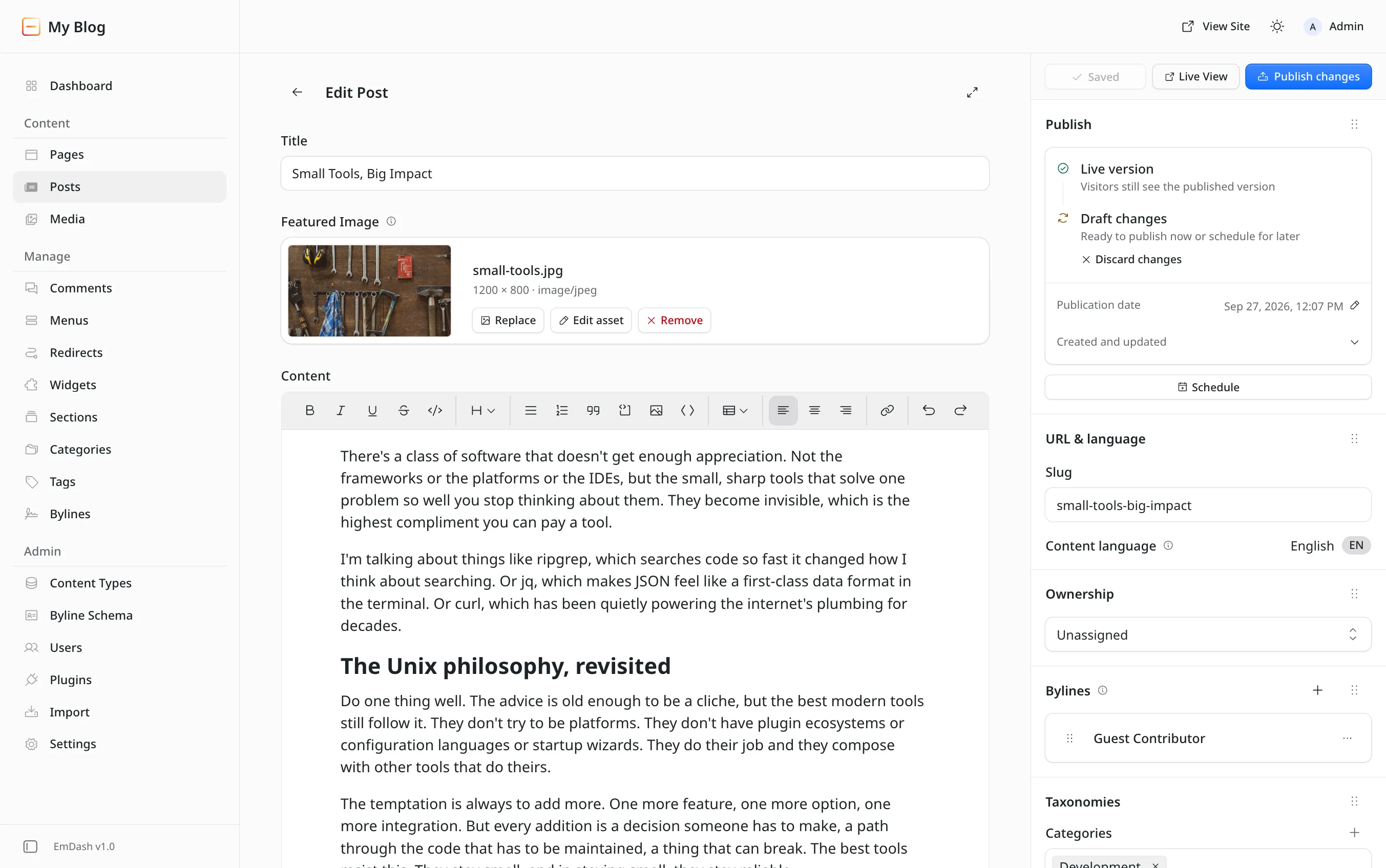The EmDash post editor: a title, a featured image, a formatted article, and publish, schedule and live-view controls beside it.
