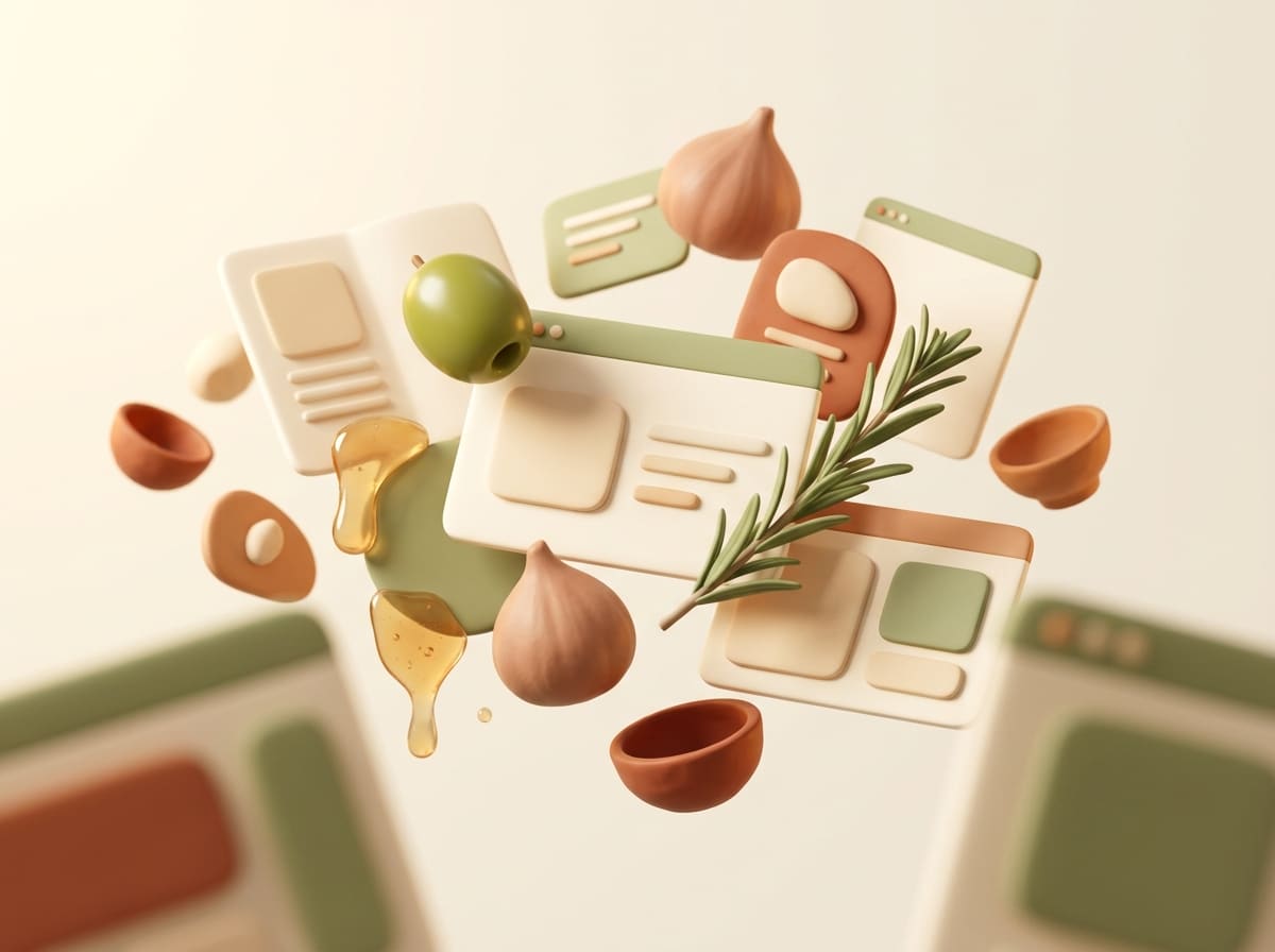 A clay-render of Peristyle recipe cards drifting between figs, olives, rosemary, and a ribbon of honey, in the brand's moss and terracotta palette.
